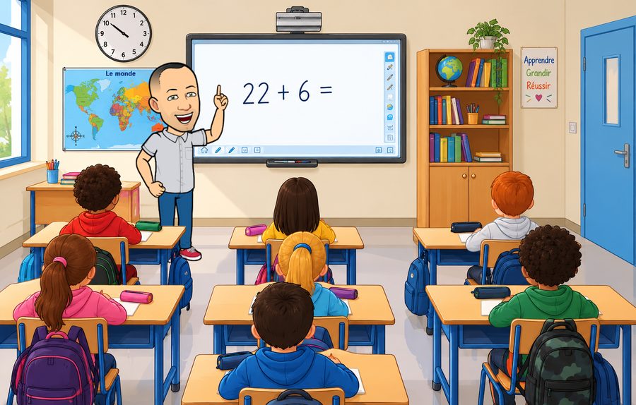 Un enseignant explique une addition sur un tableau numérique interactif devant sa classe